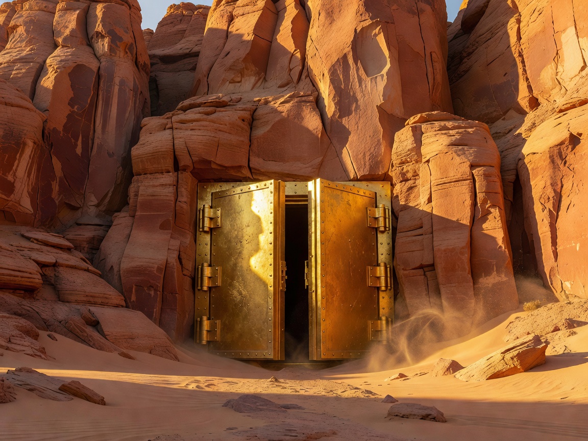 Cinematic desert canyon vault entrance at sunset with sandstone cliffs and heavy gold vault doors