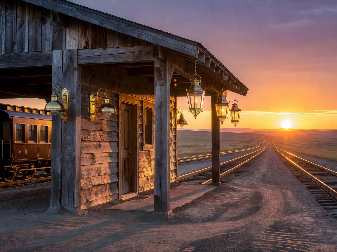 Luxury frontier railway depot with weathered wood and brass lamps at sunset